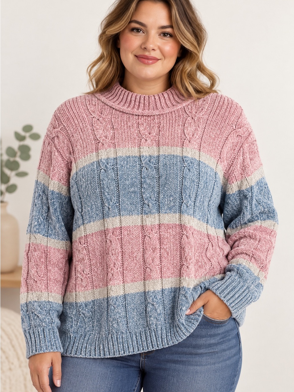 Alfred Dunner Pink, Blue & Cream Cable-Stripe Turtleneck Sweater